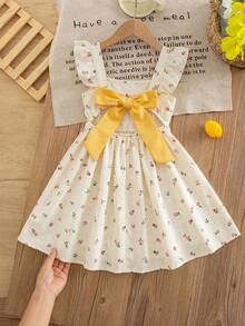 SHEIN LMoss Kids 少女黃色碎花印花度假風可愛度假洋裝，黃色蝴蝶結夏季可愛度假生日洋裝 - 黃色 - 查看 4