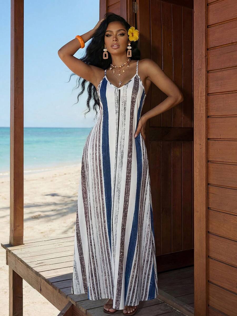 SHEIN Lady 女款休閒波希米亞風藍白條紋細肩帶洋裝,適合度假、海灘、夏季 - 藍色 - 查看 1