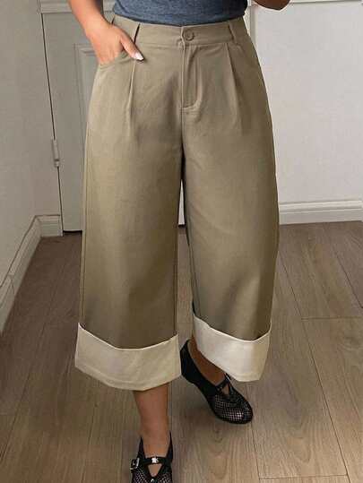 Dazy Plus Patchwork Folded Hem Fun Commute Versatile All-Season 9/10 Length Casual Long Pants