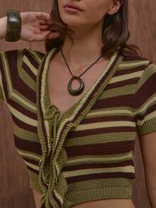 MUSERA Green Striped Knit Cardigan Mini Short Set Sold As Set Summer Autumn Everyday Date Night Holiday Vacation Dazed - Multicolor - View 3