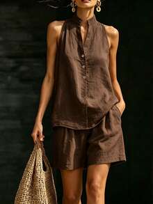 SHEIN Women's Solid Color Notch V-Neck Top And Shorts Casual Daily Set - Coffee Brown - View 5