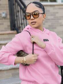 Melissa Matos 女款休閒寬鬆保暖內裡連帽衫與運動褲套裝，粉紅色，秋冬季，舒適優雅的秋冬女裝 - 粉色 - 查看 6