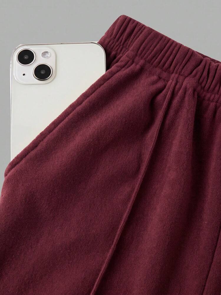 SHEIN Tween Girls 2-Piece Set Pure Burgundy Drawstring Hoodie Top And Wide Leg Pants, Casual Versatile, Suitable For Spring And Autumn Daily Wear. - Burgundy - View 6