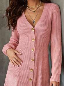 Balvessa V-Neck Single-Breasted Metal Hand-Stitched Button Cinched Cinched Waist Ribbed Cuff Long Sleeve A-Line Hem Women's Sweater Dress - Pink - View 7