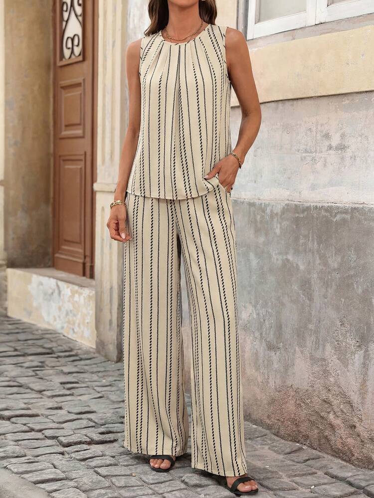 SHEIN Clasi Women's Vacation Striped Sleeveless Shirt And Pants Casual 2 Pieces Set Vacation Beige Summer - Apricot - View 5