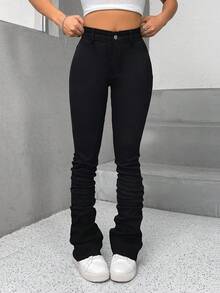 SHEIN PETITE Jeans de bolsillo inclinado apilados de unicolor, para mujeres petite - Negro - View 2