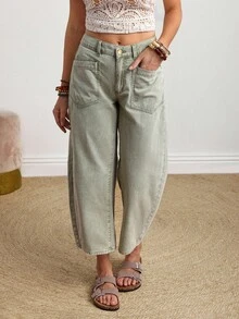 SHEIN PETITE 女款休閒時尚街頭風日常通勤度假風拼接口袋寬鬆喇叭牛仔褲，適合嬌小女性 - 綠色 - 查看 7