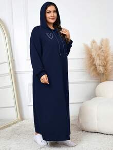 Modelyn 大尺碼抽繩連帽長袖休閒素色端莊阿拉伯風冬季洋裝 - 藏蓝色 - 查看 3