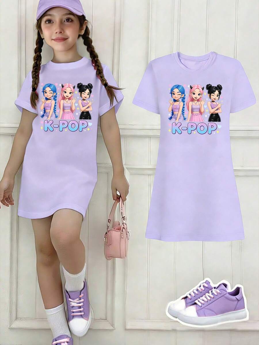 Elladie kids 春夏少女休闲时尚创意个性清新简约可爱卡通虚拟少女团体人物爱心星星图案字母标语印花休闲基础款紫色短袖T恤裙,舒适日常穿着,适合春、夏、秋季穿着。 - 紫色 - 查看 1