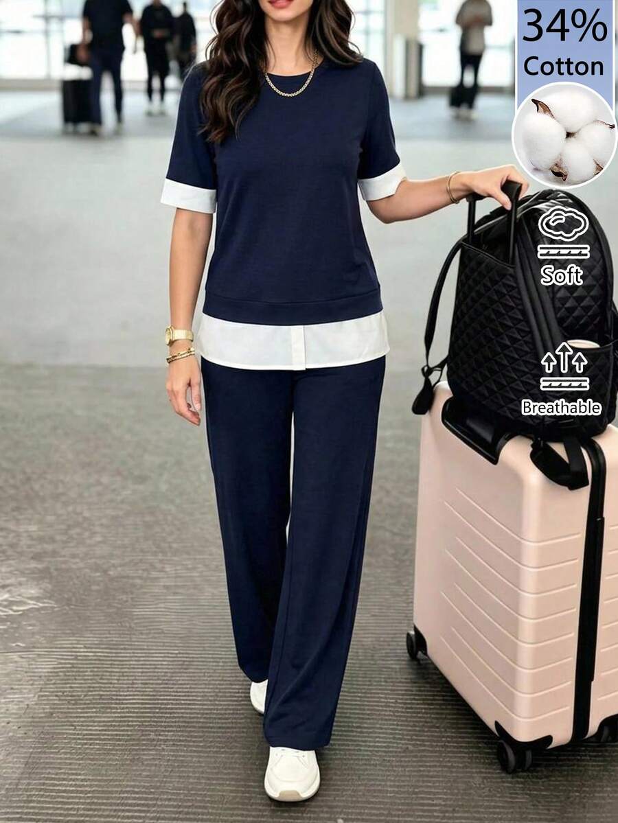EMERY ROSE Middle-Aged And Elderly Women's Color-Block Patchwork Top And Long Pants Set Casual Summer Outfits For Women - Blue - View 1