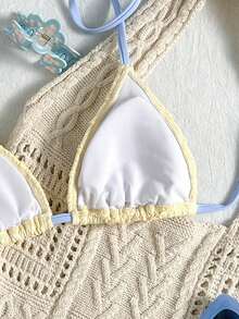 Elavelle Sweet Yellow Ruffle Bikini Top With Shiny Starfish Applique, Halter Neck Swimwear, Suitable For Pool Party - Yellow - View 8