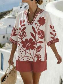 SHEIN Holidaya 女款 2 件套 2026 春夏秋新款 時尚通勤百搭休閒度假沙灘約會短袖短褲數位印花套裝 - 紅木色 - 查看 5