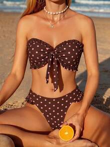 Swim Mod 女士波点花卉印花荷叶边抹胸上衣和高腰泳裤，夏季海滩度假 - 彩色 - 查看 5