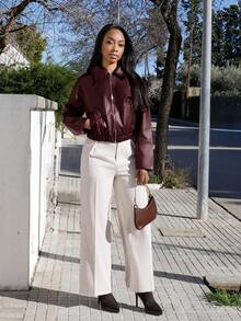 Yess Loren Women's Spring & Fall Long Sleeve PU Leather Zip Front Loose Casual Jacket - Burgundy - View 6