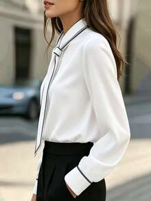 EMERY ROSE Blusa elegante blanca de manga larga para mujer, con cuello anudado y ribete de contraste estampado, ajuste regular, adecuada para vacaciones, desplazamientos, oficina, uso diario, todas las estaciones, versátil en blanco - Blanco - Ver 2