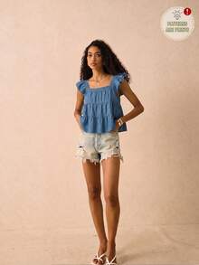 Muvela 女款休閒極簡度假波希米亞風優雅浪漫復古荷葉袖上衣，適合通勤、音樂節、海灘、度假、夏季 - 彩色 - 查看 5