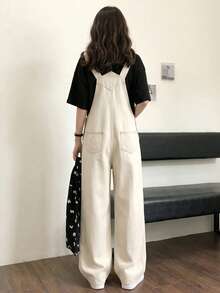 SHEIN 青少年女孩時尚休閒 Y2k 復古卡其色寬鬆吊帶牛仔褲，適合電音派對與音樂節穿搭 - 卡其色 - 查看 3