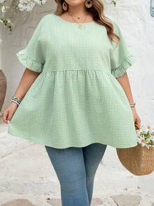 SHEIN CURVE+ Curve Size US22 音樂節、海邊度假、波希米亞 CURVE PLUS / / 女款格紋印花襯衫，適合春夏波希米亞風度假，休閒娃娃風襯衫 - 綠色 - 查看 12