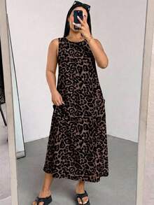 Shapeblank Plus Size Women's Leopard Print Round Neck Pocket Casual Sleeveless Dress - Multicolor - View 6