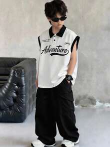 SHEIN 儿童/青少年男童休闲舒适拼接领半扣字母印花针织Polo衫，Y2K风格，白色Polo衫，基础款上衣，夏季，适合春夏、外出、情人节、约会、旅行、度假、家庭聚会、返校、婚礼、晚宴、运动、生日派对等场合。 - 彩色 - 查看 4