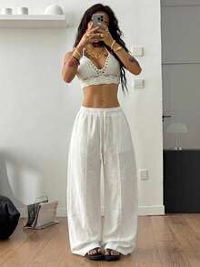 SHEIN PETITE CURVE 大尺碼女款純色抽繩腰休閒百搭日常長褲 - 白色 - 查看 2