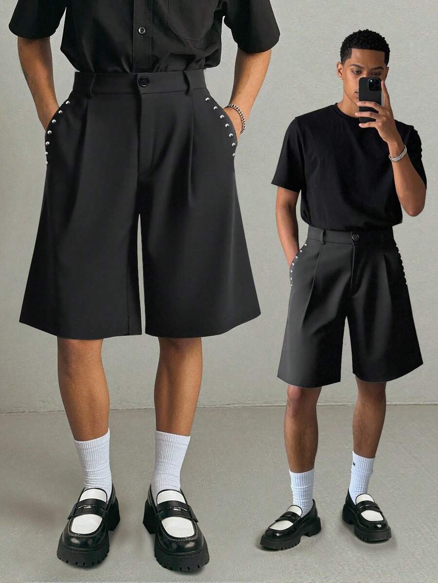 Manfinity Hypemode Celana Panjang Pria Model Lebar, Desain Rivet Hitam, Celana Pendek Longgar Gaya Punk Amerika, Celana Kasual Serbaguna untuk Musim Panas yang Melangsingkan dan Menjuntai - Hitam - View 1