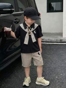 Souflis Souflis 男童夏季黑白格子图案短袖衬衫搭配宽松短裤，适合休闲外出、上学、与朋友聚会、休闲活动和拍照。 - 彩色 - 查看 3