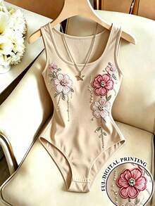SHEIN Franclia 女款新款U領無袖花卉局部印花米色修身百搭連身衣，適合早午餐、度假、夏季，浪漫優雅 - 卡其色 - 查看 1