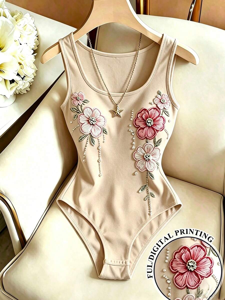 SHEIN Franclia 女款新款U領無袖花卉局部印花米色修身百搭連身衣,適合早午餐、度假、夏季,浪漫優雅 - 卡其色 - 查看 1
