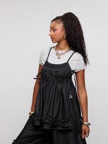 COUREZ Denim Babydoll Cami Top in Rinse Wash /Y2K Sommerkleidung Sommeroutfit für Frauen Ausgeh-Outfits Sommer-Tops Ausgeh-Tops süßes Top Tops für Frauen - Schwarz - Übersicht 6