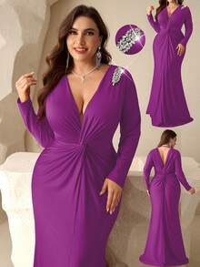Coutiva Plus Size Formal Evening Gown With Rhinestone Embellishments, Pleated Mermaid Hemline (Intricate Design) - Violet Purple - View 3
