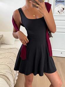SHEIN EZwear 女款純色休閒極簡日常穿搭夏季迷你洋裝 - 黑色 - 查看 9
