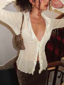 Roelina Fashion Casual Women's Semi-Sheer Blouse - Beige - View 5