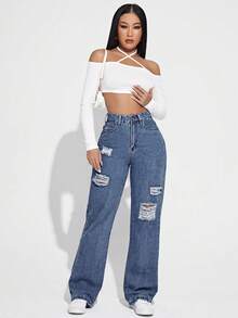 SHEIN EZwear 女士休闲时尚街头日常通勤破洞直筒牛仔裤 - 藍色 - 查看 3