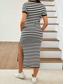 SHEIN Maternity Striped Round Neck Short Sleeve Side Slit Hem Fitted Dress - Black and White - View 2
