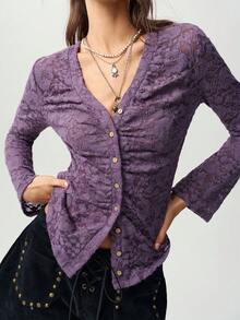 Bohemela 女款蕾絲單排扣修身百搭休閒上衣 - 淡紫色 - 查看 2