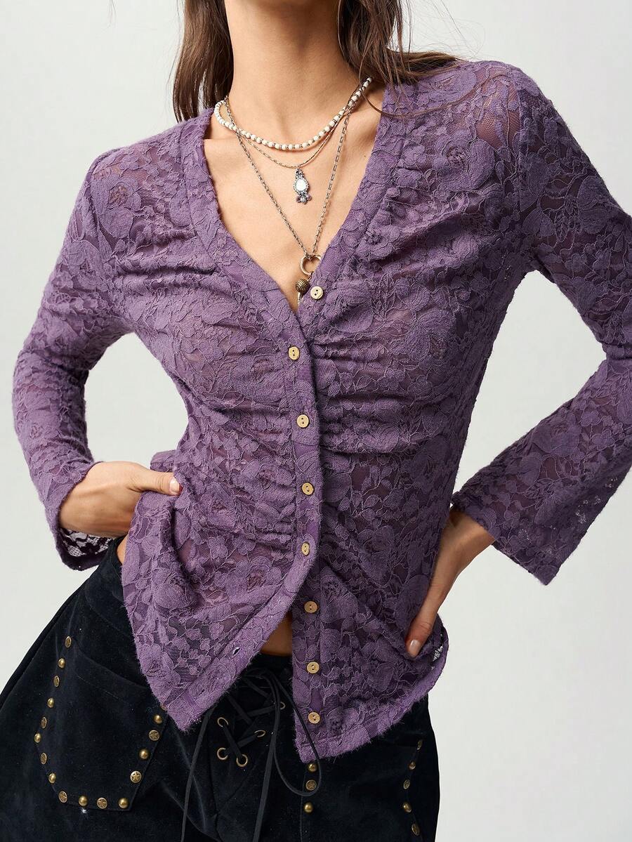 Bohemela Women's Lace Single-Breasted Fitted Versatile Casual Top - Mauve Purple - View 1