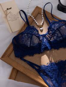 Divavoom Rose Red Mature Sexy Style Lace Patchwork Lingerie Set 2pcs - Royal Blue - View 3