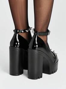 ROMWE Grunge Punk Ladies Sexy Platform Heels Fashion Solid Color Buckle Decorative Rivet Adjustable Buckle Holiday Party Travel Dating Mary Jane Women's Shoes - Bright black - View 7