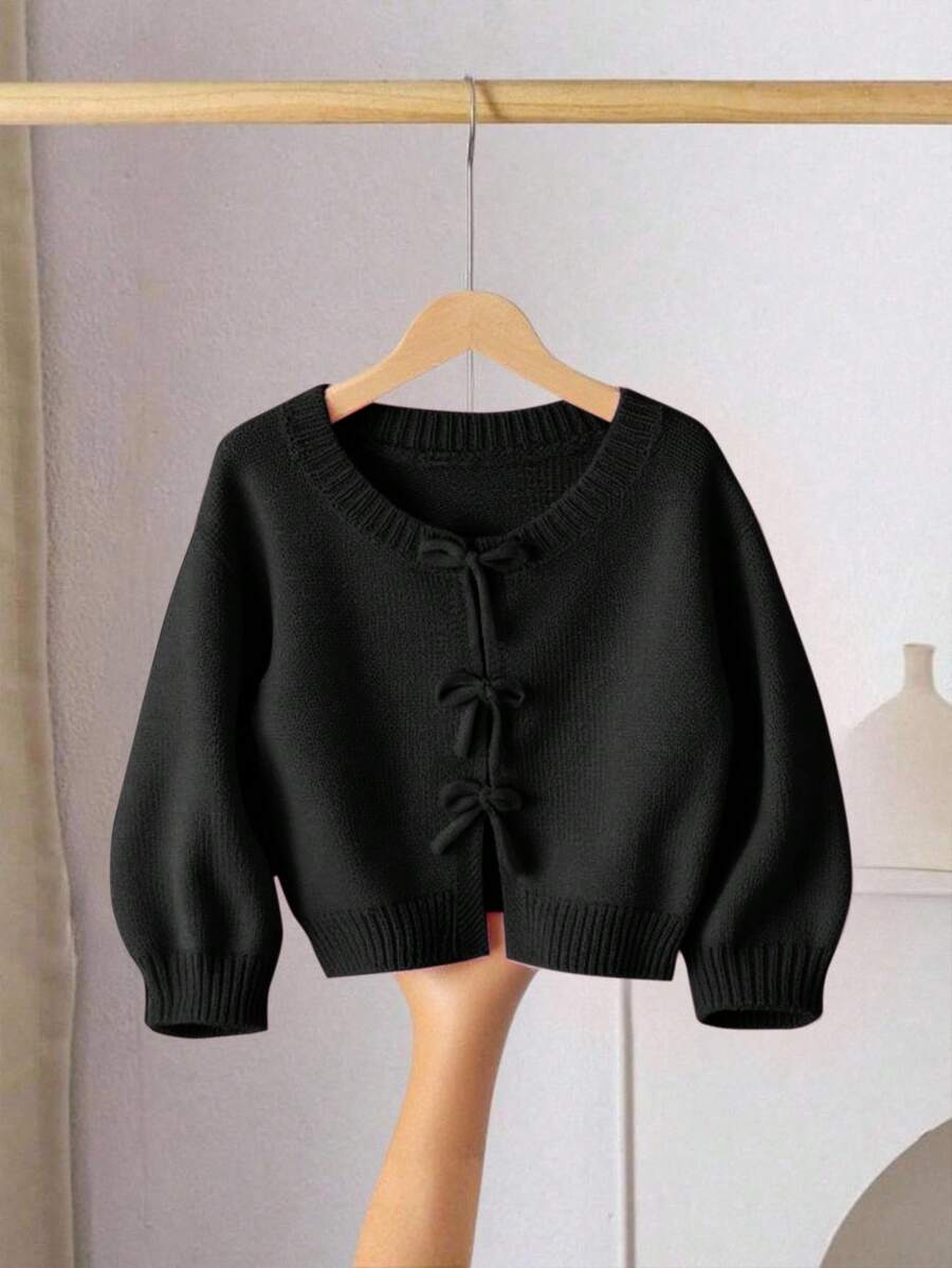 SHEIN LMoss Kids 女孩粉色針織秋季毛衣,蝴蝶結裝飾,可愛休閒,柔軟舒適百搭,適合居家、派對與度假 - 黑色 - 查看 1