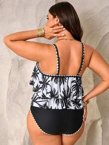 Swim Lushoire Setelan 2pcs Wanita Ukuran Plus Motif Pohon Kelapa, Atasan Tali Bahu Tipis dengan Hiasan Ruffle dan Celana Panjang Pinggang Tinggi dengan Hiasan Ruffle, Liburan Musim Panas di Pantai, Warna Putih - Hitam dan Putih - View 2