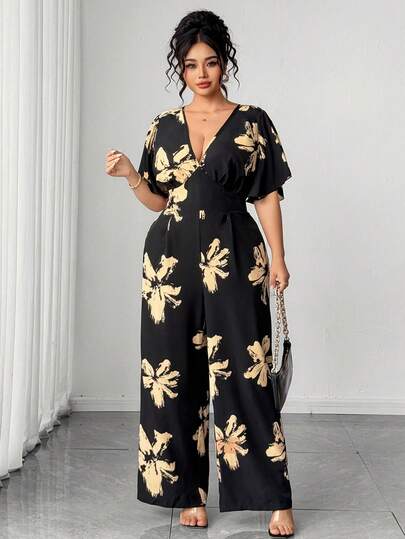 Elenzga Women's Plus Size New Elegant Slim Fit High Waist V-Neck Black Base Khaki Floral Print Wide Leg Jumpsuit With Pockets