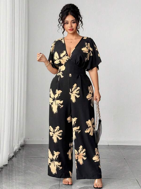 Elenzga Women's Plus Size New Elegant Slim Fit High Waist V-Neck Black Base Khaki Floral Print Wide Leg Jumpsuit With Pockets