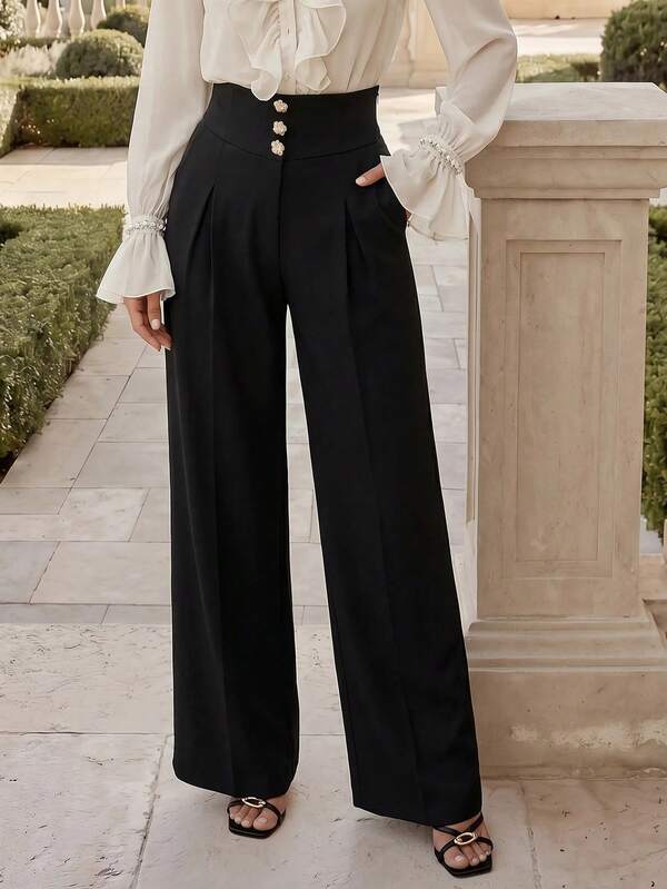 Anewsta Pantalones de traje de mujer de cintura alta y pierna ancha en color negro con botones dorados y pliegues, tela de traje con caída, estilo elegante para oficina y citas de todas las estaciones