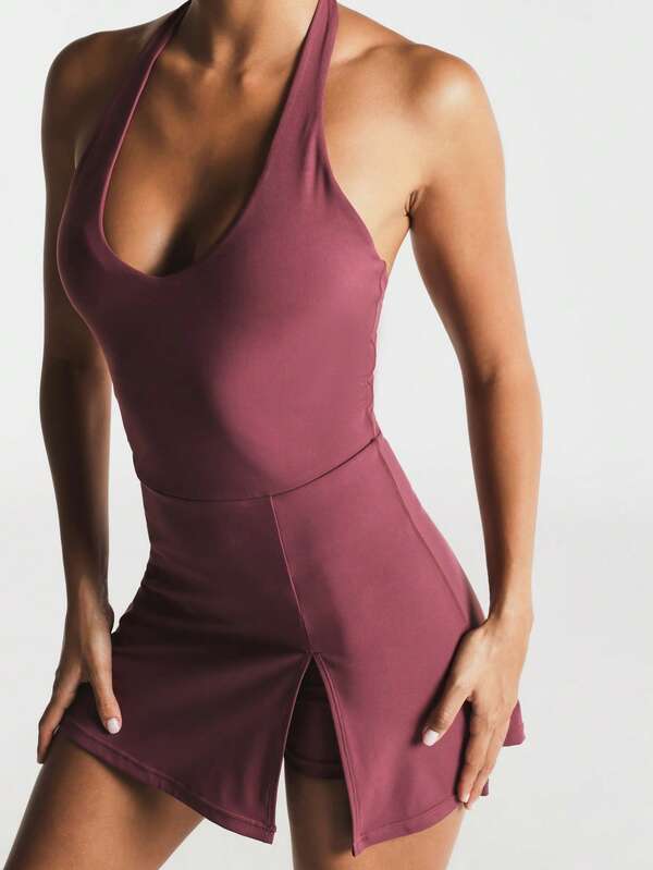 11SKNDS Halter Neck Mini Active Dress With Built-In Shorts, Front Slit And Racerback Design
