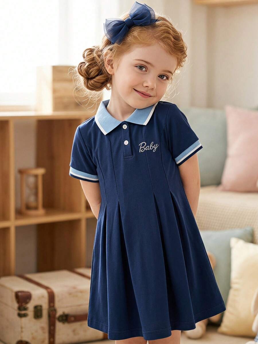 SHEIN Girls' Summer Versatile Cute Minimalist Ribbed Collar Ribbed Cuffs Pink Embroidered Pattern Pleated Dress - Navy Blue - View 1
