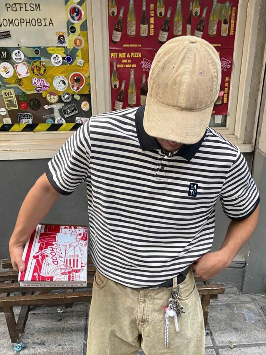 Resyla Men 男士夏季Polo衫,经典条纹图案,字母印花设计,百搭休闲风,适合户外、日常及办公通勤穿着。 - 彩色 - 查看 1