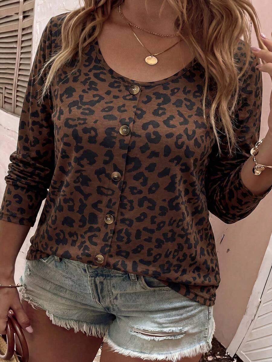 SHEIN LUNE Camiseta de manga larga para mujer de talla grande con estampado de leopardo, casual y versátil, nueva y de gran para otoño/invierno - Multicolor - Ver 1