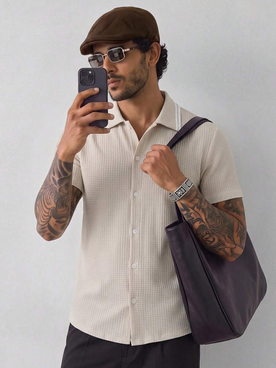 HUEFORM Men's Old Money Solid Color Single-Breasted Casual Daily Short Sleeve Shirt,
Suitable For Casual Everyday Wear. - Khaki - View 1