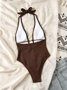 Swim SXY Springbreak 女款黃色羅紋針織提花鏤空深露背 V 領掛脖高衩連身泳衣，性感休閒海灘度假、泳池派對、溫泉、海灘穿搭、音樂節波希米亞風 - 咖啡棕 - 查看 3